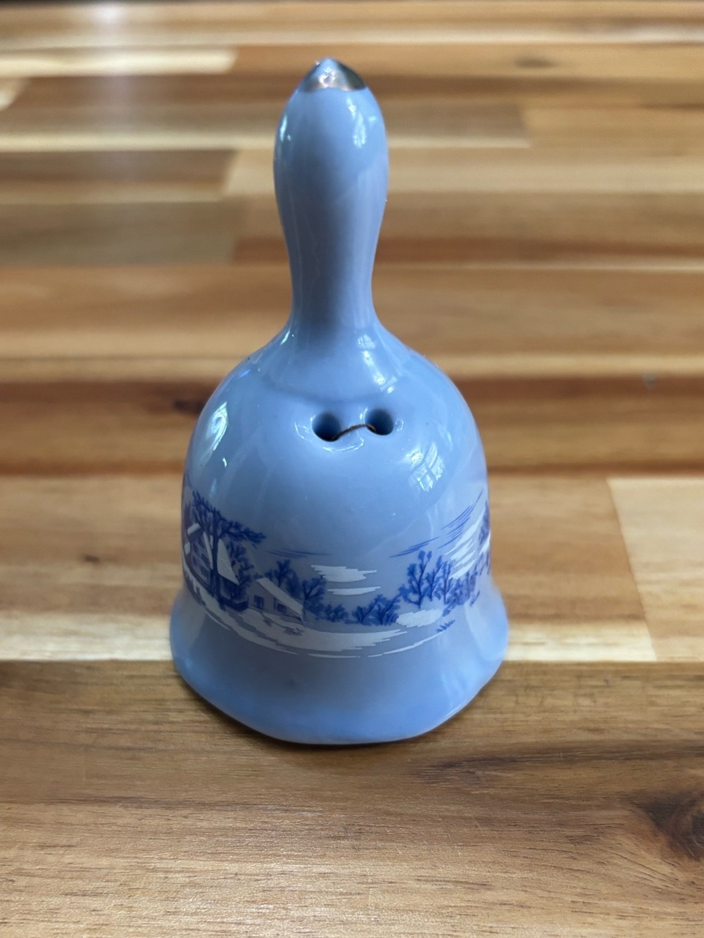 Blue and White Porcelain Hand Bell with Scenic Transfer